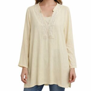 Chico’s Drama Embellished Tunic Cashew Cream Size  2 Large Long Sleeve Blouse